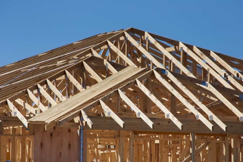 Roof trusses and wall framing on a new construction home